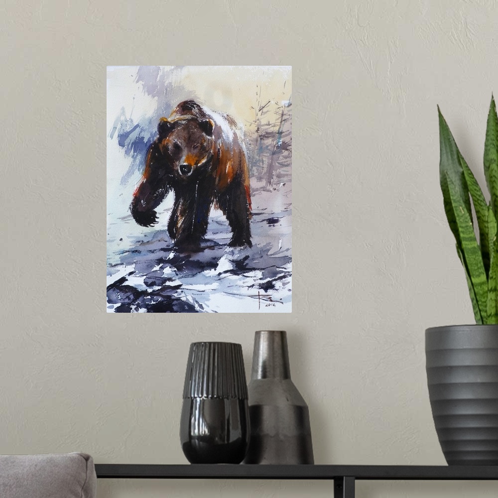 A modern room featuring Gestural brush strokes in brown and blue watercolors create a fierce grizzly bear in a winter set...