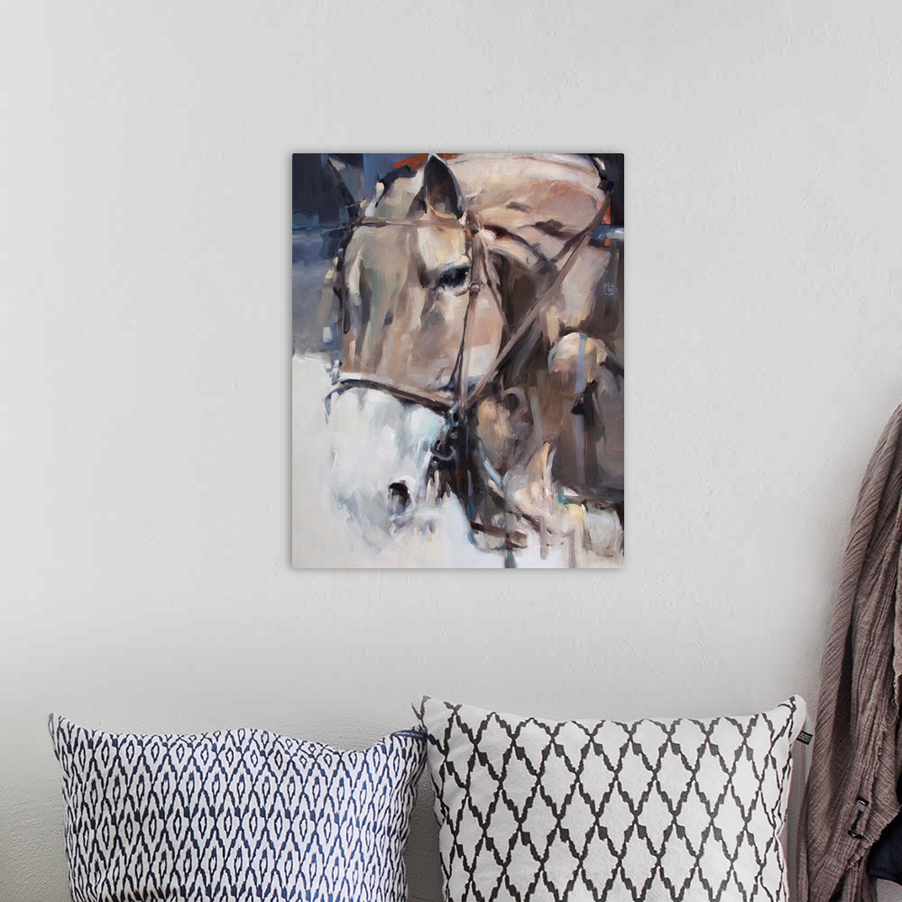 A bohemian room featuring This contemporary artwork features soft brush strokes to illustrate tension and movement of a horse.