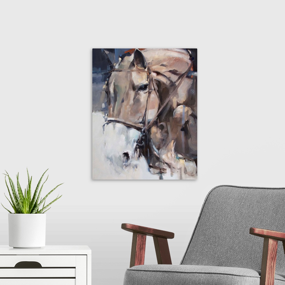 A modern room featuring This contemporary artwork features soft brush strokes to illustrate tension and movement of a horse.