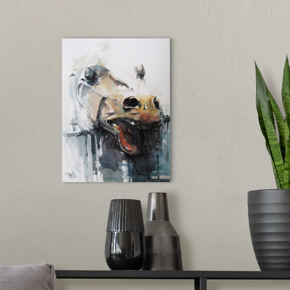 A modern room featuring This contemporary artwork features expressive emotion with fragmentary brush strokes and robust c...