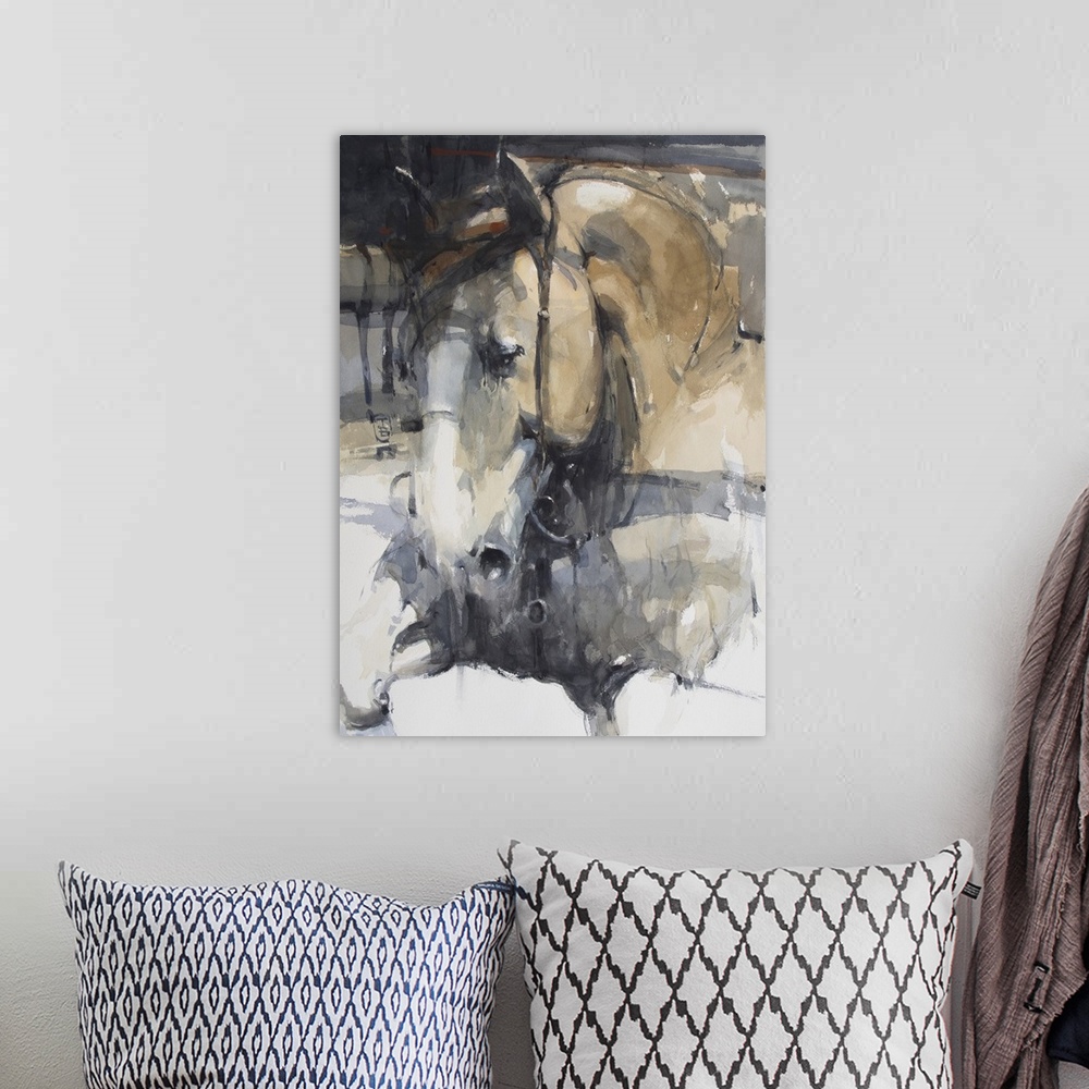A bohemian room featuring This contemporary artwork features soft brush strokes to illustrate a close up of a horse.