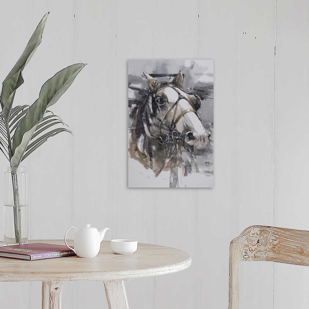 A farmhouse room featuring This pensive artwork features earthy tones and exhibits movement with energetic brush strokes.