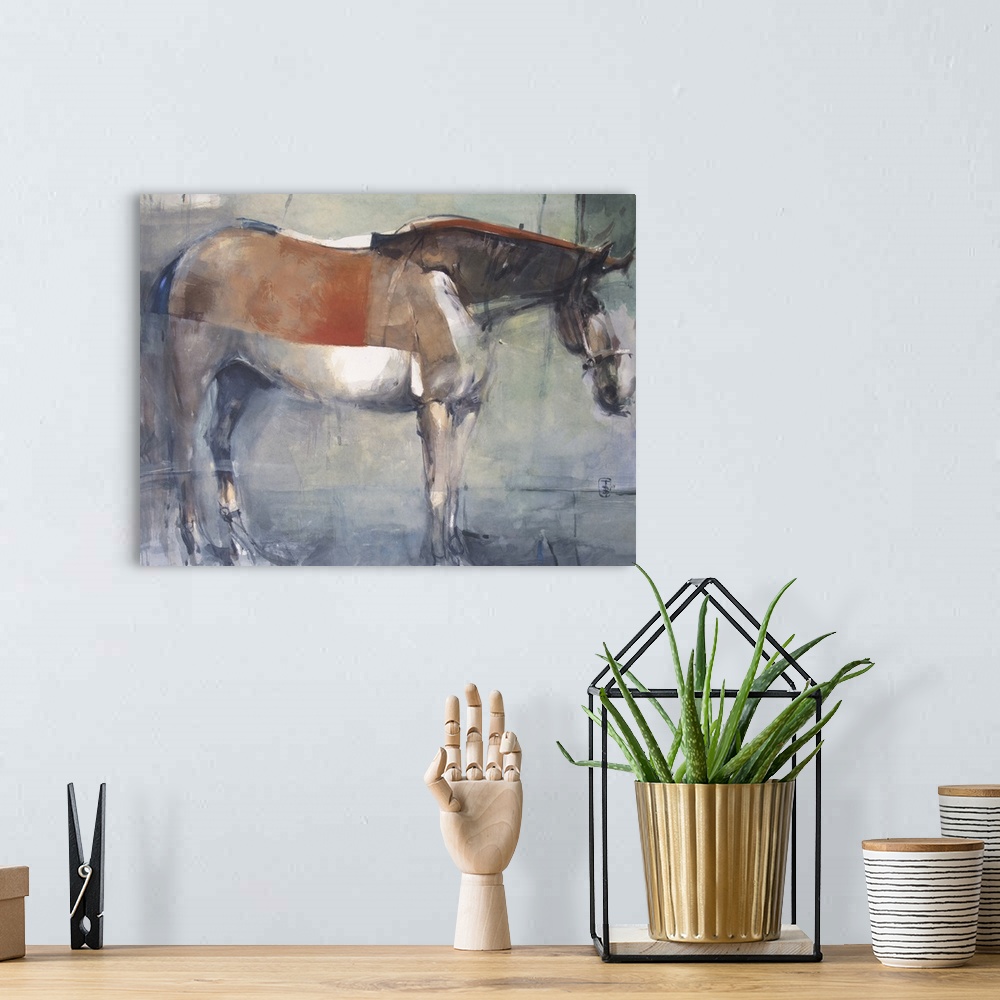 A bohemian room featuring Distressed brush strokes and blocks of color form together to create a standing horse against a m...
