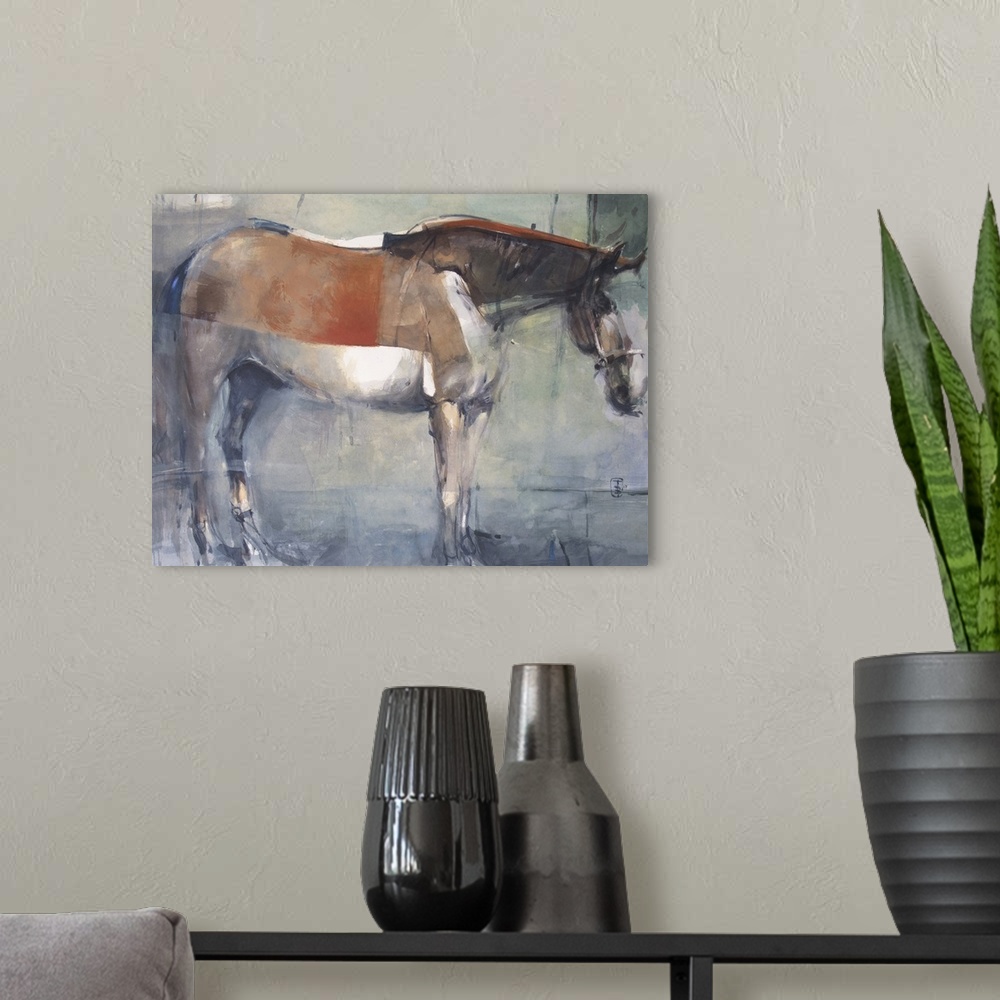 A modern room featuring Distressed brush strokes and blocks of color form together to create a standing horse against a m...