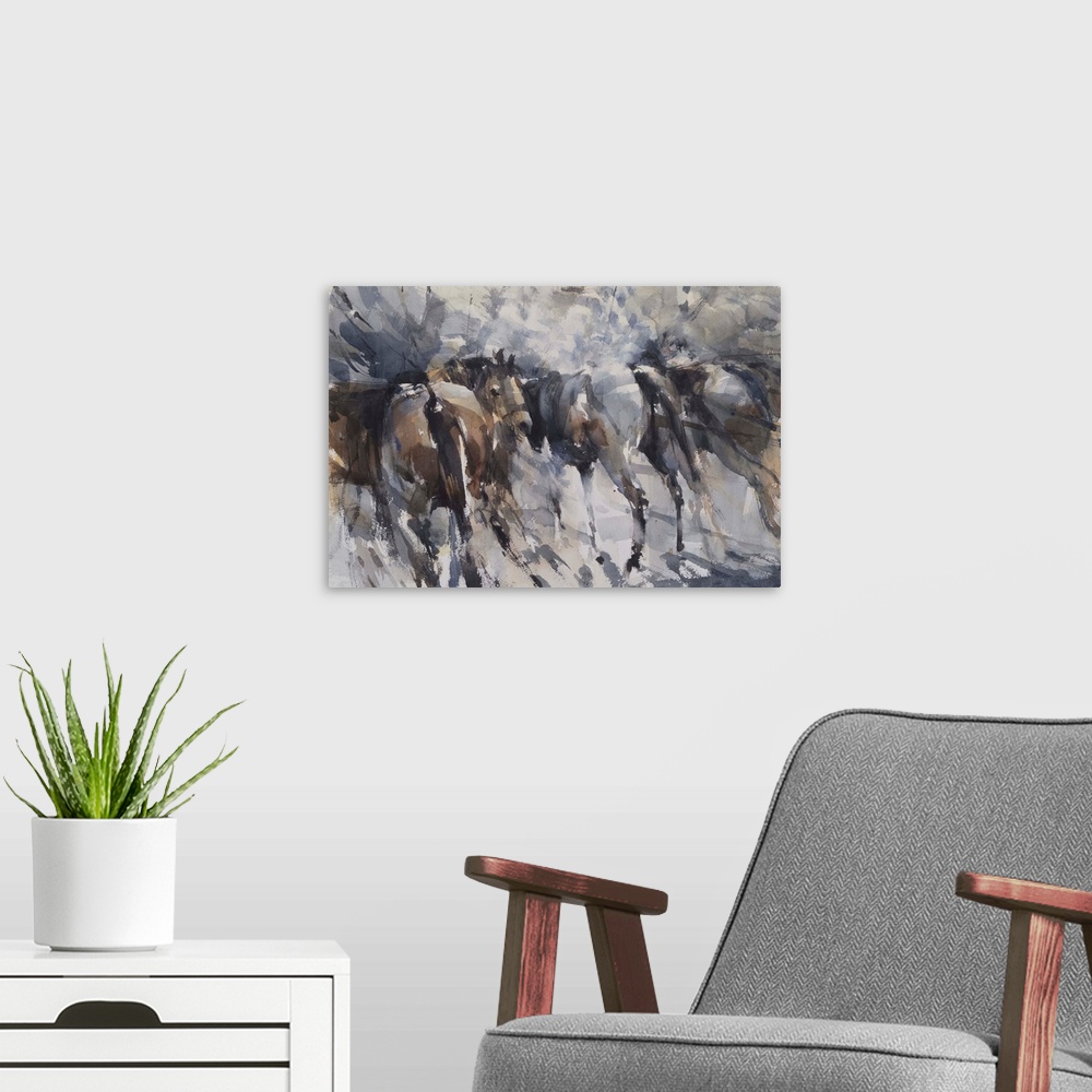A modern room featuring Full of energy and motion, this contemporary artwork reflects the movement of wild horses by usin...