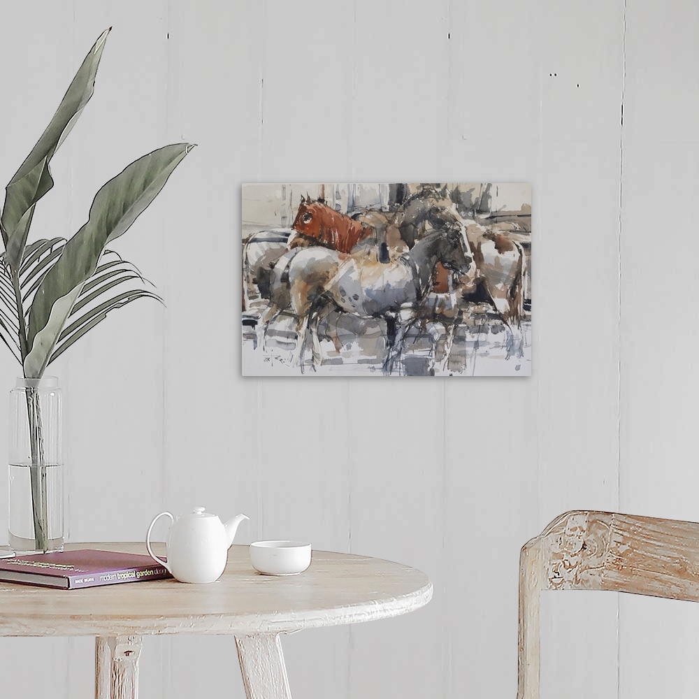 A farmhouse room featuring This contemporary artwork features a quiet moment of horses using earthy colors and impressionist...