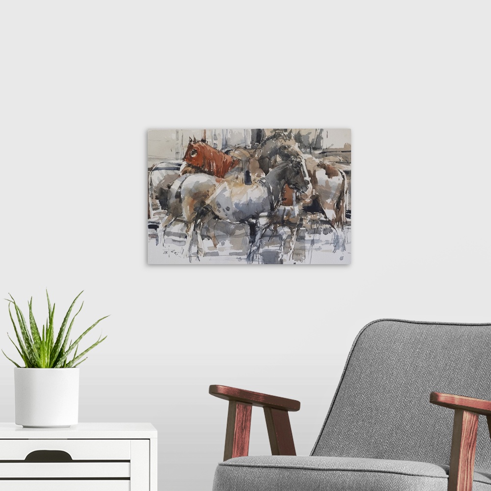 A modern room featuring This contemporary artwork features a quiet moment of horses using earthy colors and impressionist...