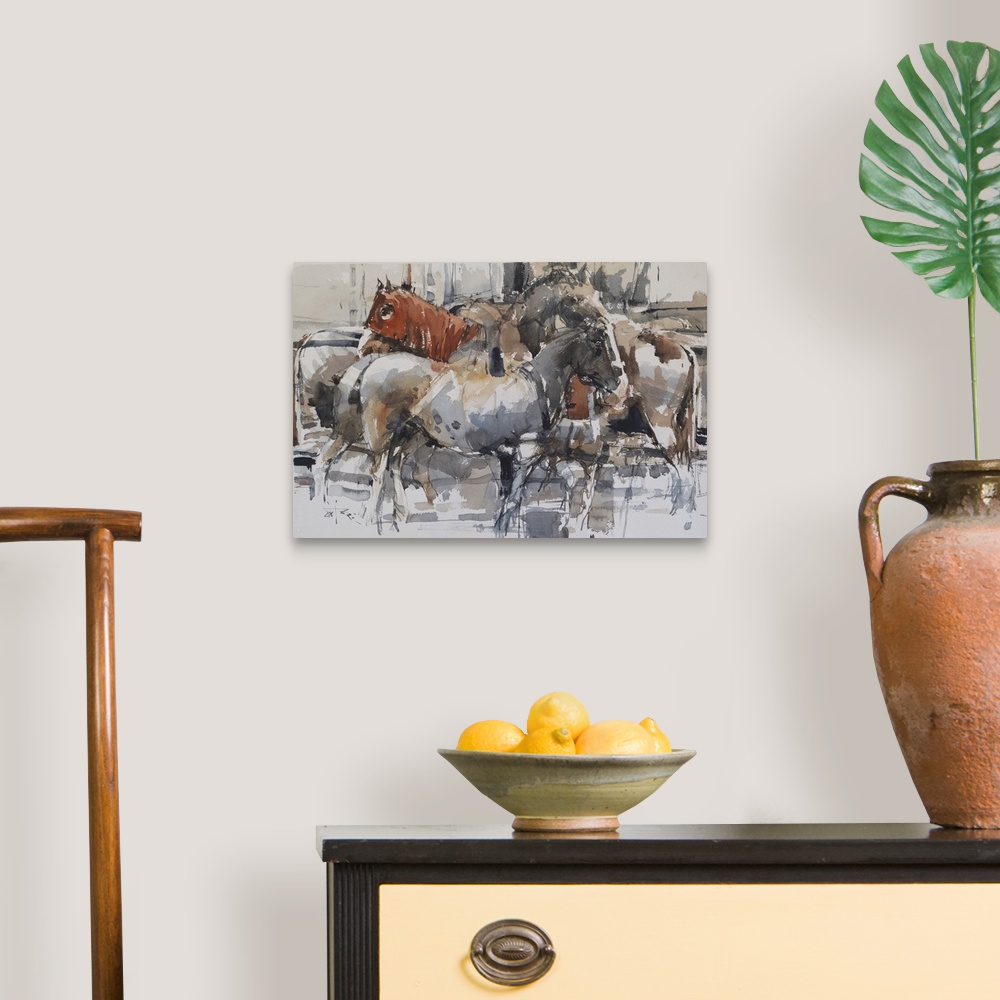 A traditional room featuring This contemporary artwork features a quiet moment of horses using earthy colors and impressionist...