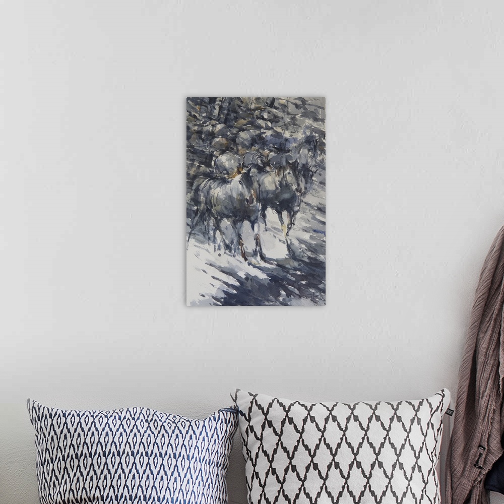 A bohemian room featuring Full of energy and motion, this contemporary artwork reflects the movement of wild horses by usin...