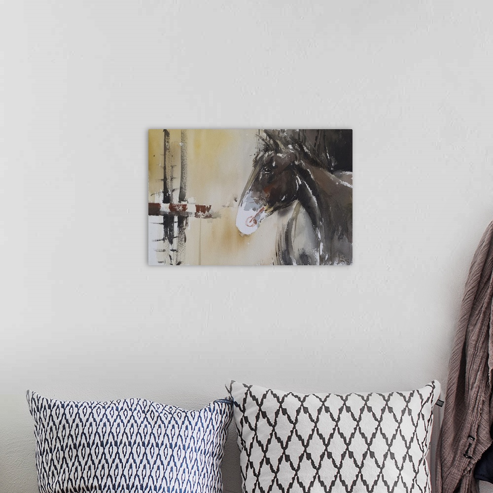 A bohemian room featuring This pensive horse features earthy tones and exhibits movement with energetic brush strokes.