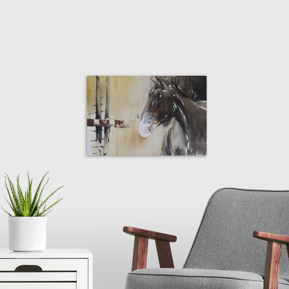 A modern room featuring This pensive horse features earthy tones and exhibits movement with energetic brush strokes.