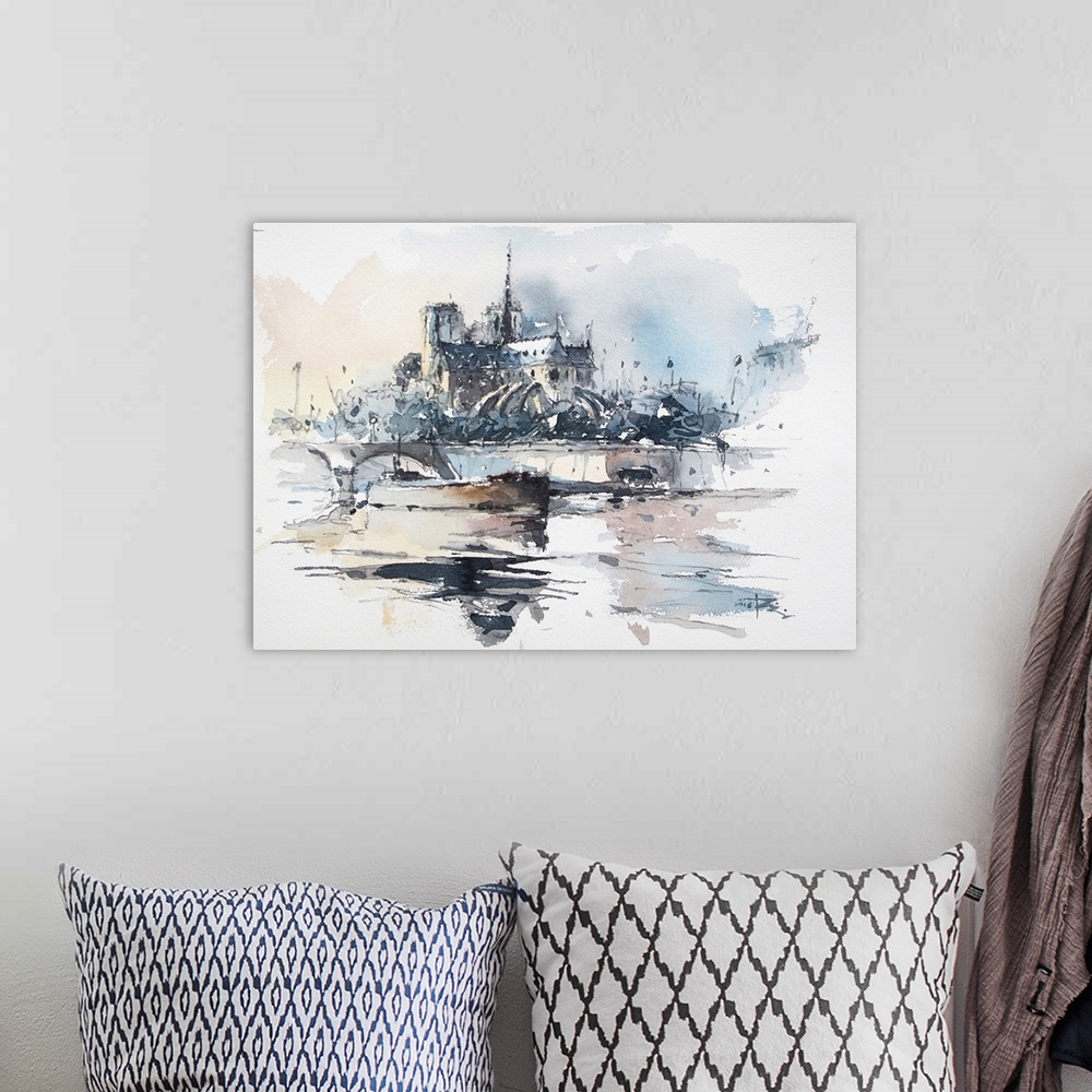 A bohemian room featuring In this contemporary artwork, a lively sketch of an island near the Seine river uses shades of bl...