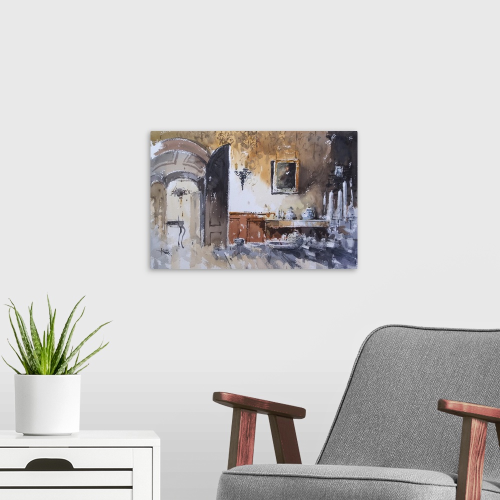 A modern room featuring This contemporary artwork features dry watercolor brush stokes to illustrate an interior view tha...