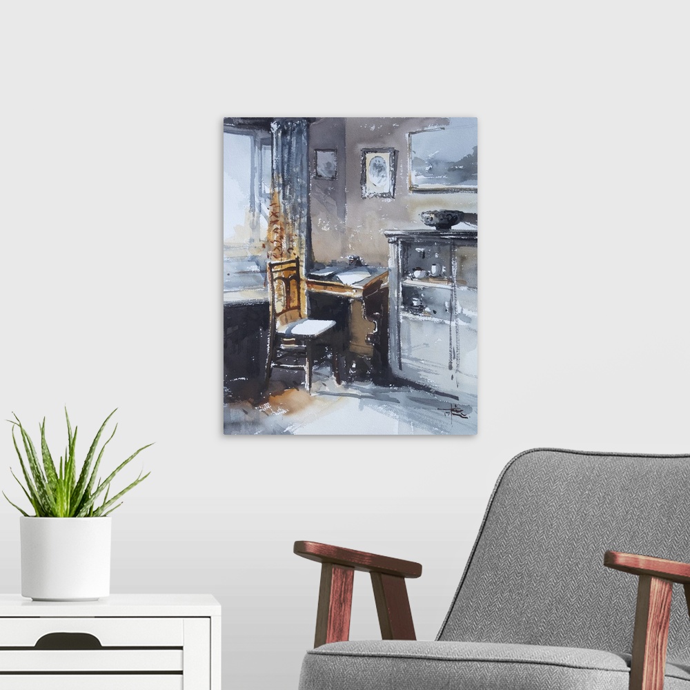 A modern room featuring This contemporary artwork features dry watercolor brush stokes to illustrate an antique office sp...