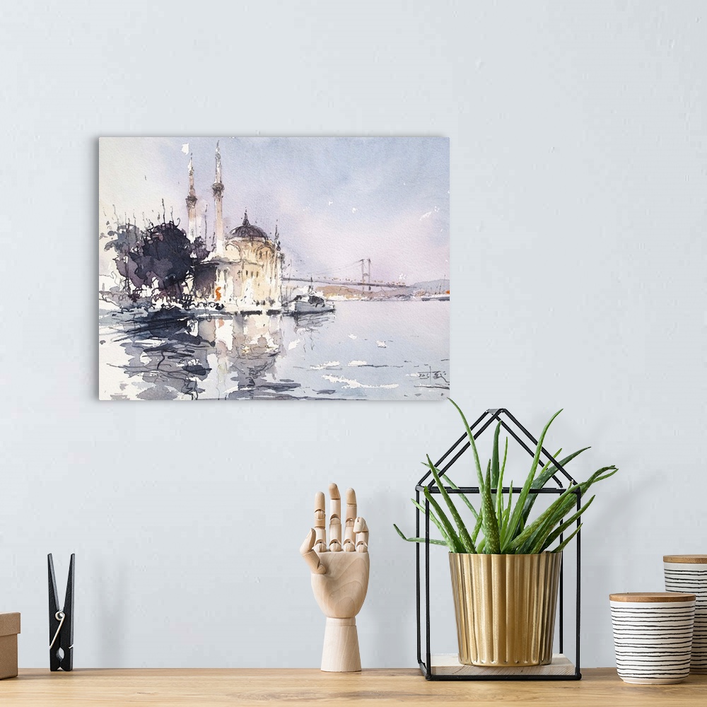 A bohemian room featuring Gestural brush strokes of muted watercolors illustrate a unique waterfront view with Bosphorus br...