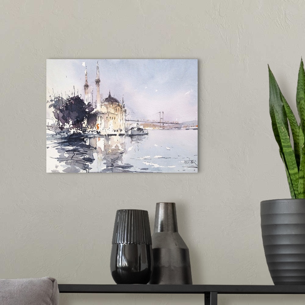A modern room featuring Gestural brush strokes of muted watercolors illustrate a unique waterfront view with Bosphorus br...