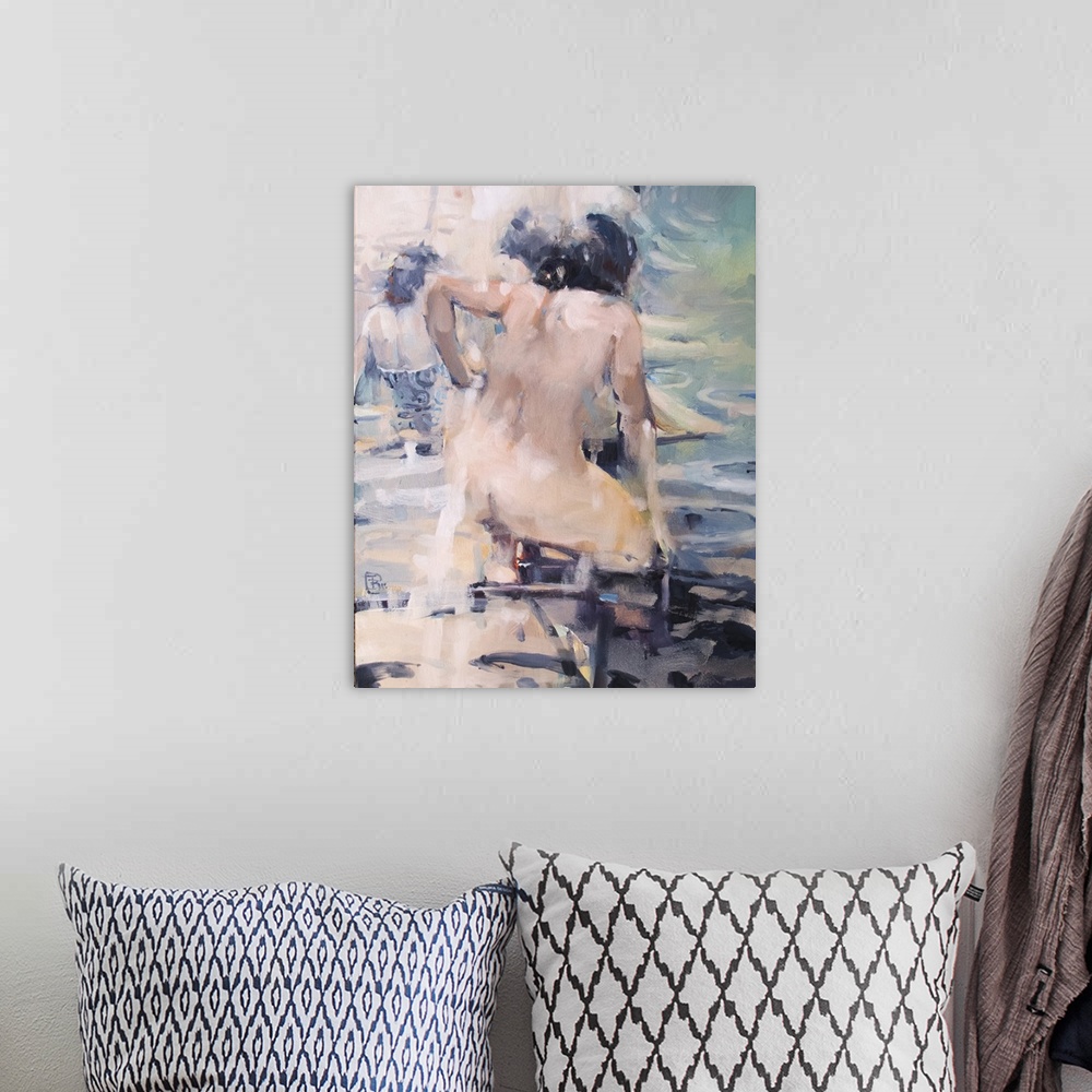 A bohemian room featuring A contemporary portrait of an Italian bather uses impressionistic brush strokes in cool shades of...