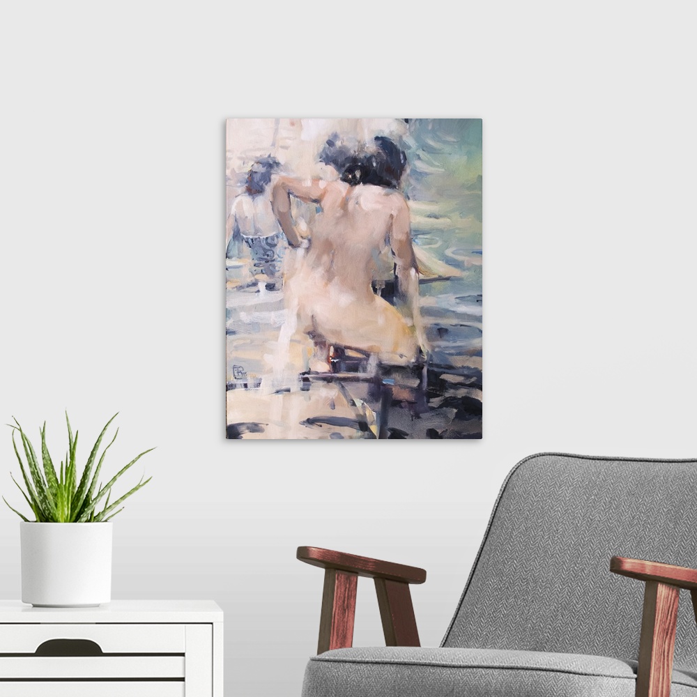 A modern room featuring A contemporary portrait of an Italian bather uses impressionistic brush strokes in cool shades of...