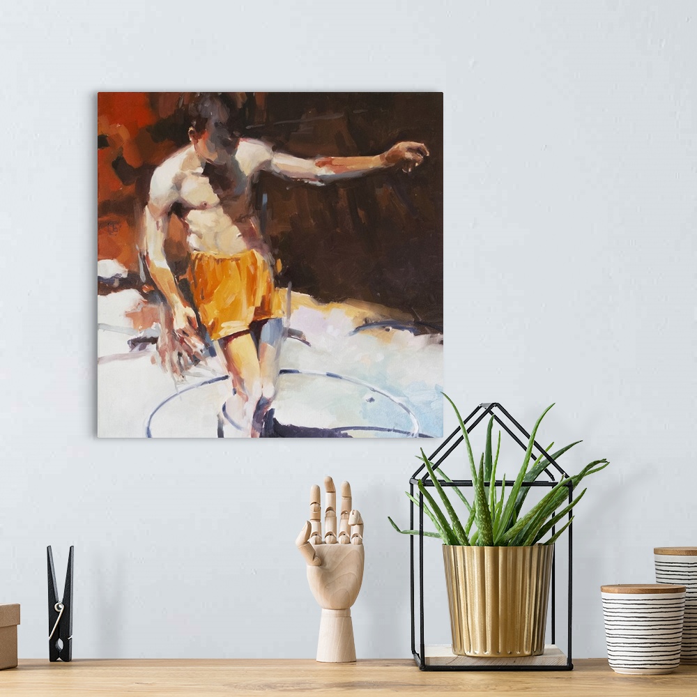 A bohemian room featuring A contemporary portrait of an Italian bather uses impressionistic brush strokes in warm shades of...