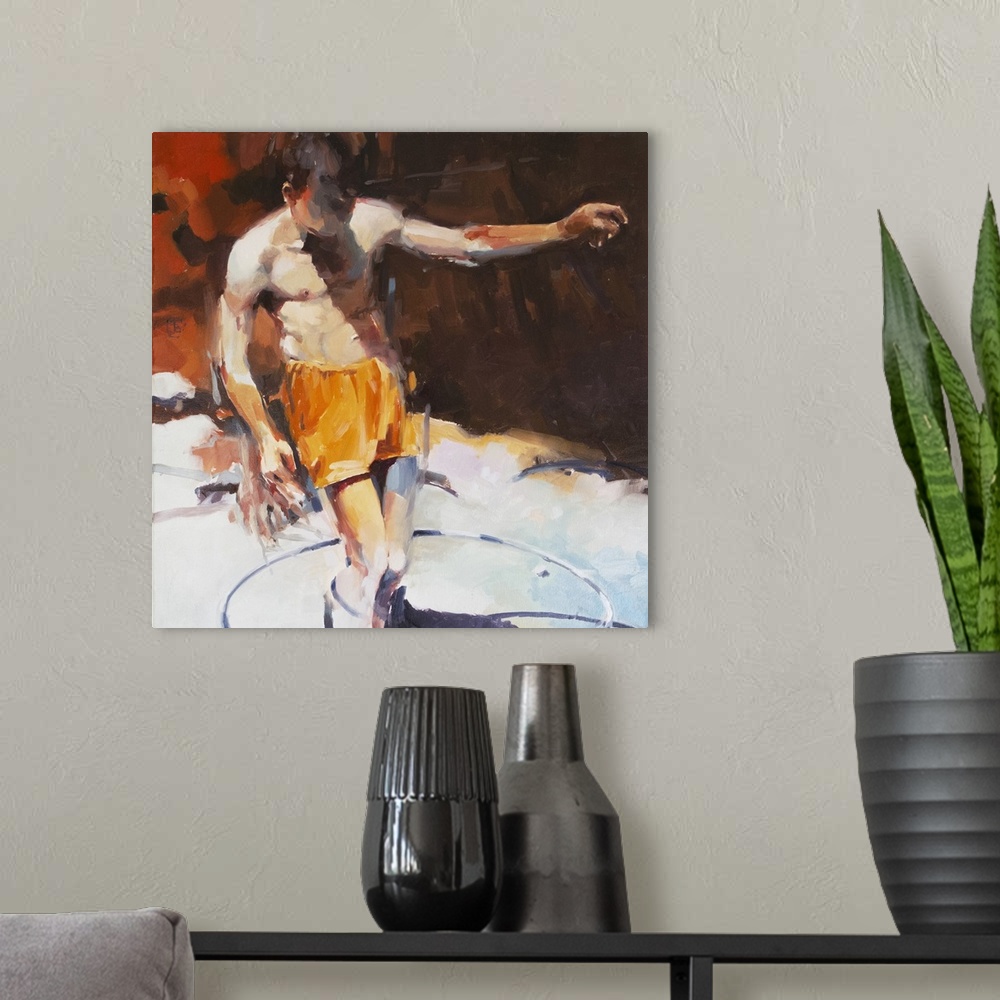 A modern room featuring A contemporary portrait of an Italian bather uses impressionistic brush strokes in warm shades of...