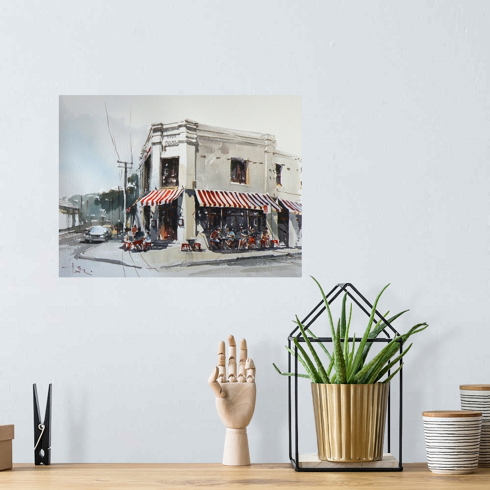 A bohemian room featuring This contemporary artwork is a quick watercolor sketch of a street scene outside of the caf? call...