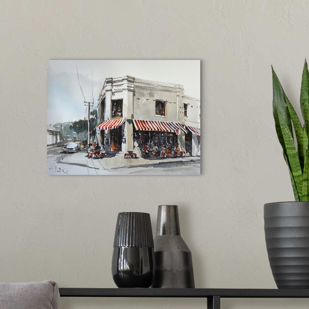 A modern room featuring This contemporary artwork is a quick watercolor sketch of a street scene outside of the caf? call...