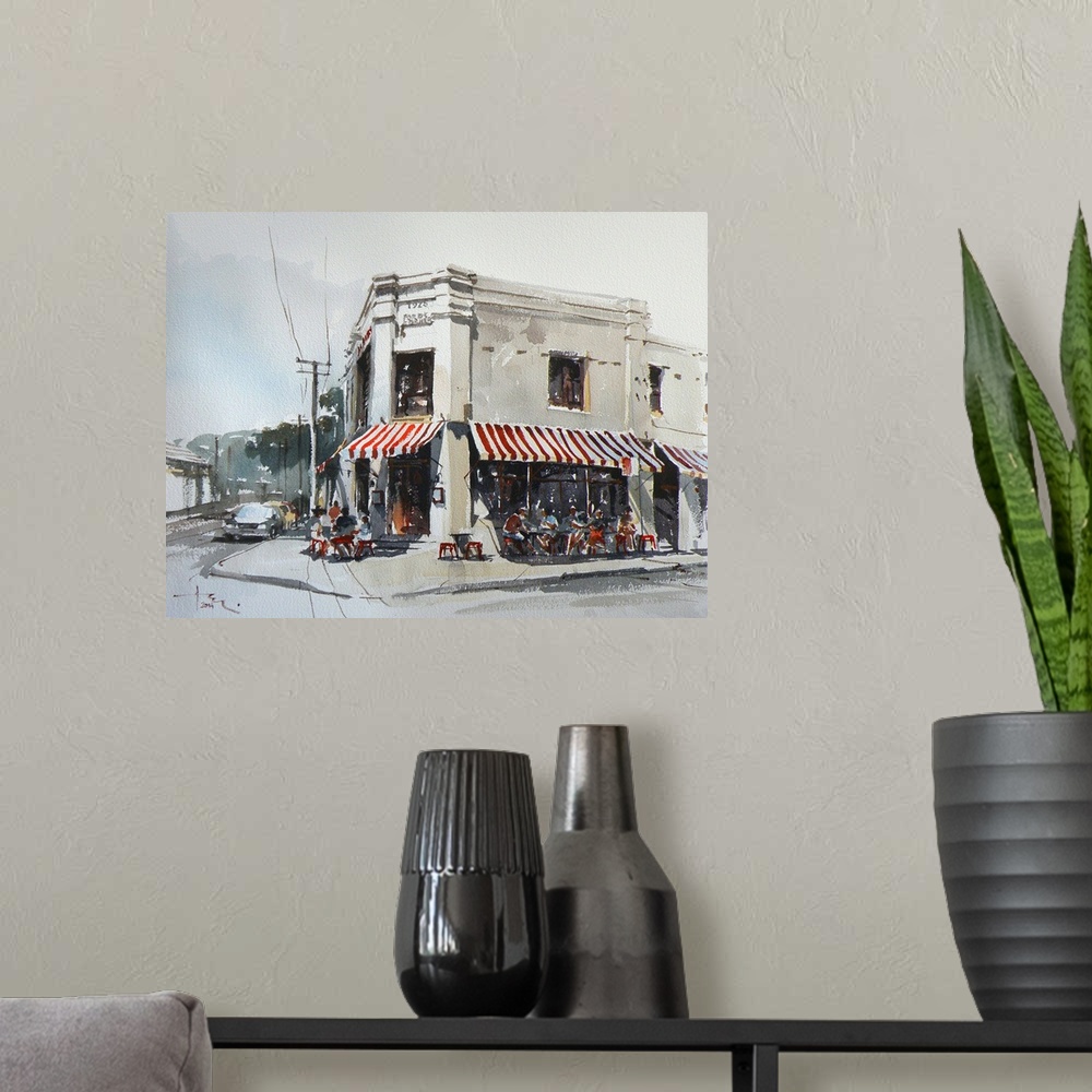 A modern room featuring This contemporary artwork is a quick watercolor sketch of a street scene outside of the caf? call...