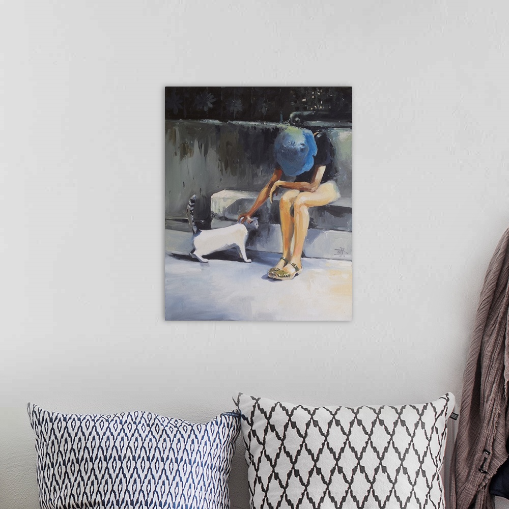A bohemian room featuring This contemporary artwork features a woman wearing a blue hat petting a cat with bright highlight...