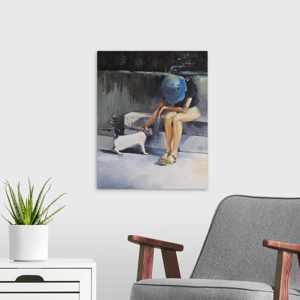 A modern room featuring This contemporary artwork features a woman wearing a blue hat petting a cat with bright highlight...