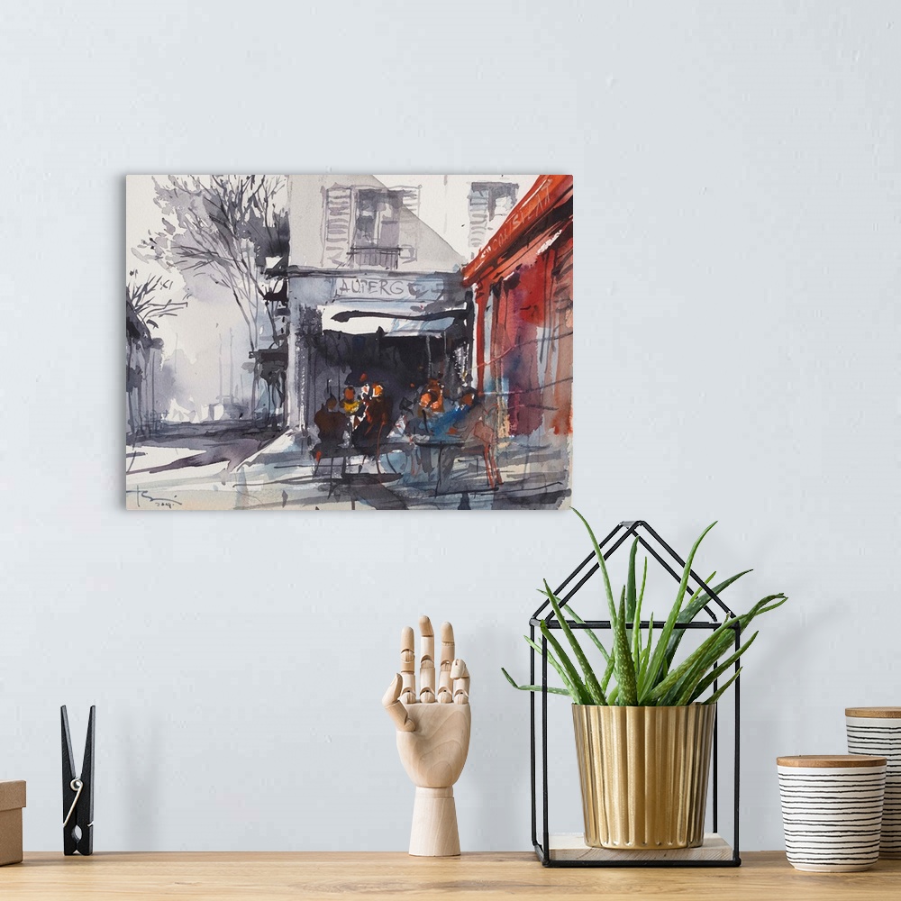 A bohemian room featuring This contemporary artwork is a watercolor sketch of a coffee shop at Balmoral Beach in Sydney, Au...