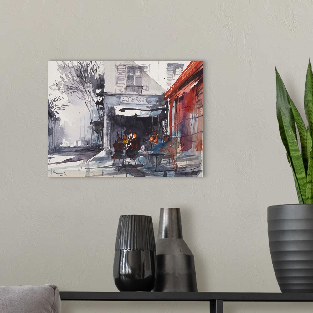 A modern room featuring This contemporary artwork is a watercolor sketch of a coffee shop at Balmoral Beach in Sydney, Au...