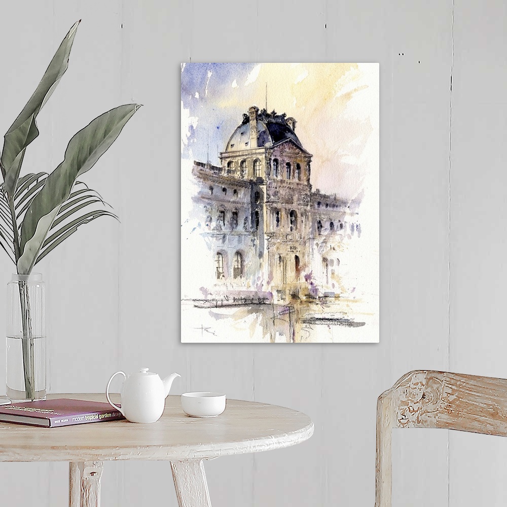 A farmhouse room featuring This contemporary artwork is a quick watercolor sketch of the architectural details of the Lourve...