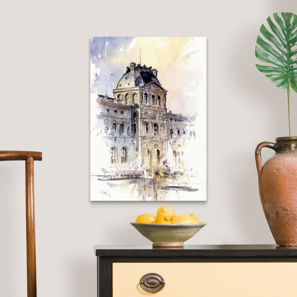 A traditional room featuring This contemporary artwork is a quick watercolor sketch of the architectural details of the Lourve...