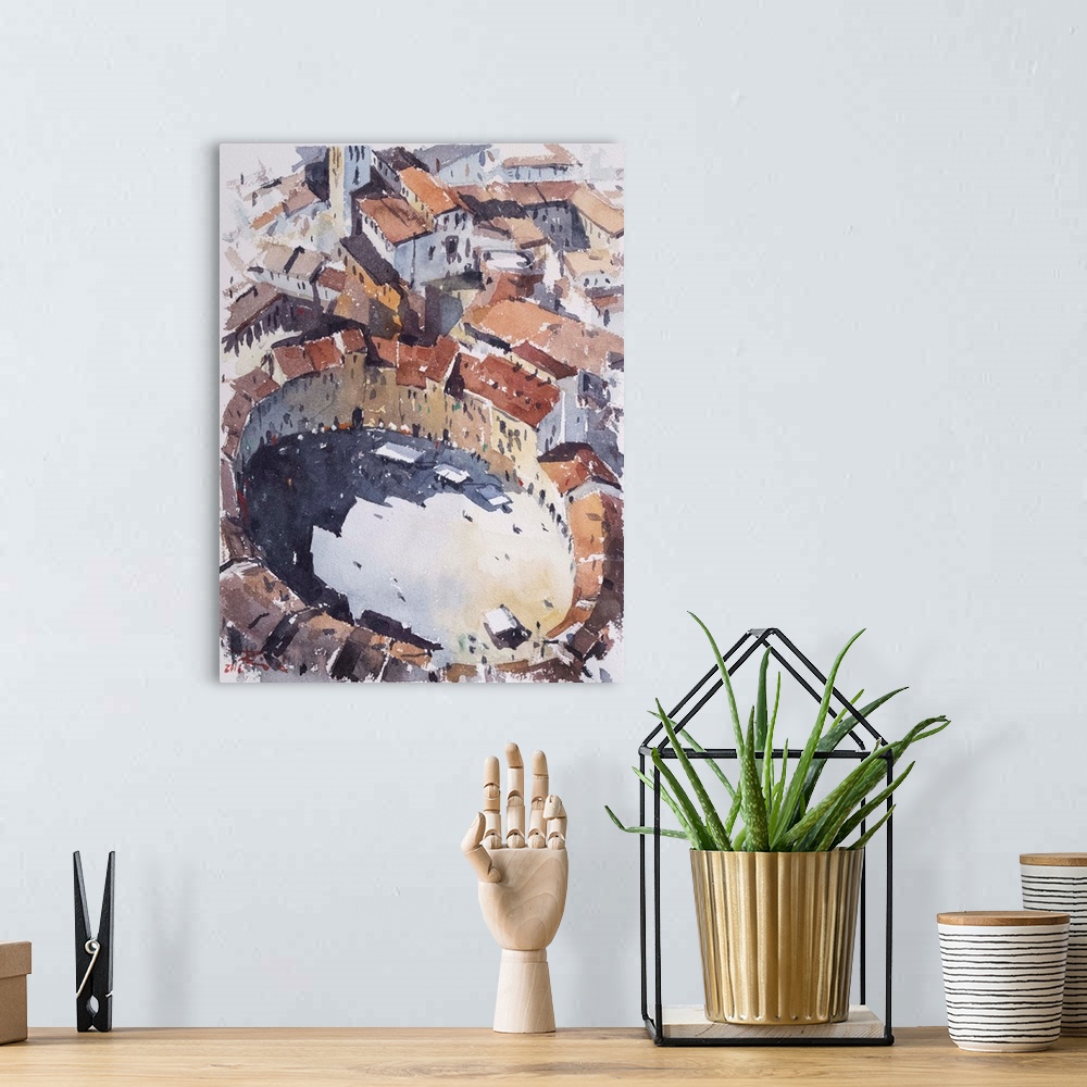 A bohemian room featuring A watercolor artwork of the main square in Lucca, Italy from the tower above the square.