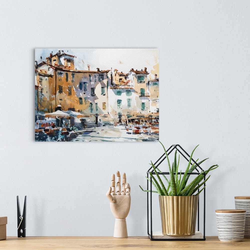A bohemian room featuring A warm, sketchy transitional watercolor of a sunny town square in Italy with cafe umbrellas