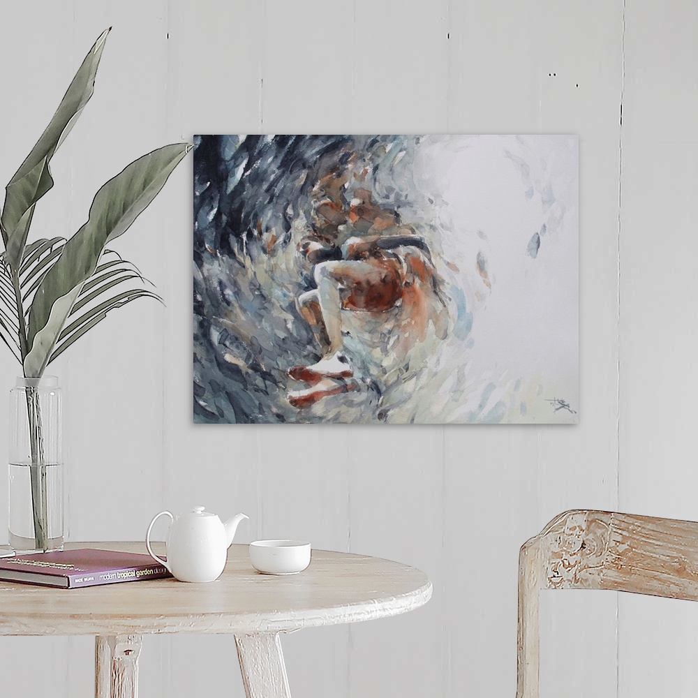 A farmhouse room featuring This contemporary artwork features a school of fish in a whirlwind around a swimming figure.