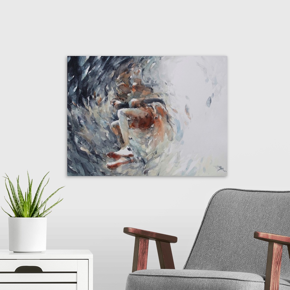 A modern room featuring This contemporary artwork features a school of fish in a whirlwind around a swimming figure.