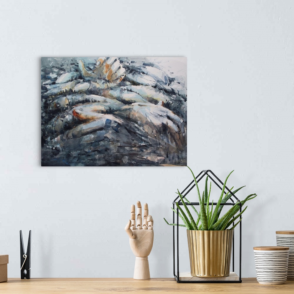 A bohemian room featuring This contemporary artwork illustrates the complex life and relation between fisherman and fish.
