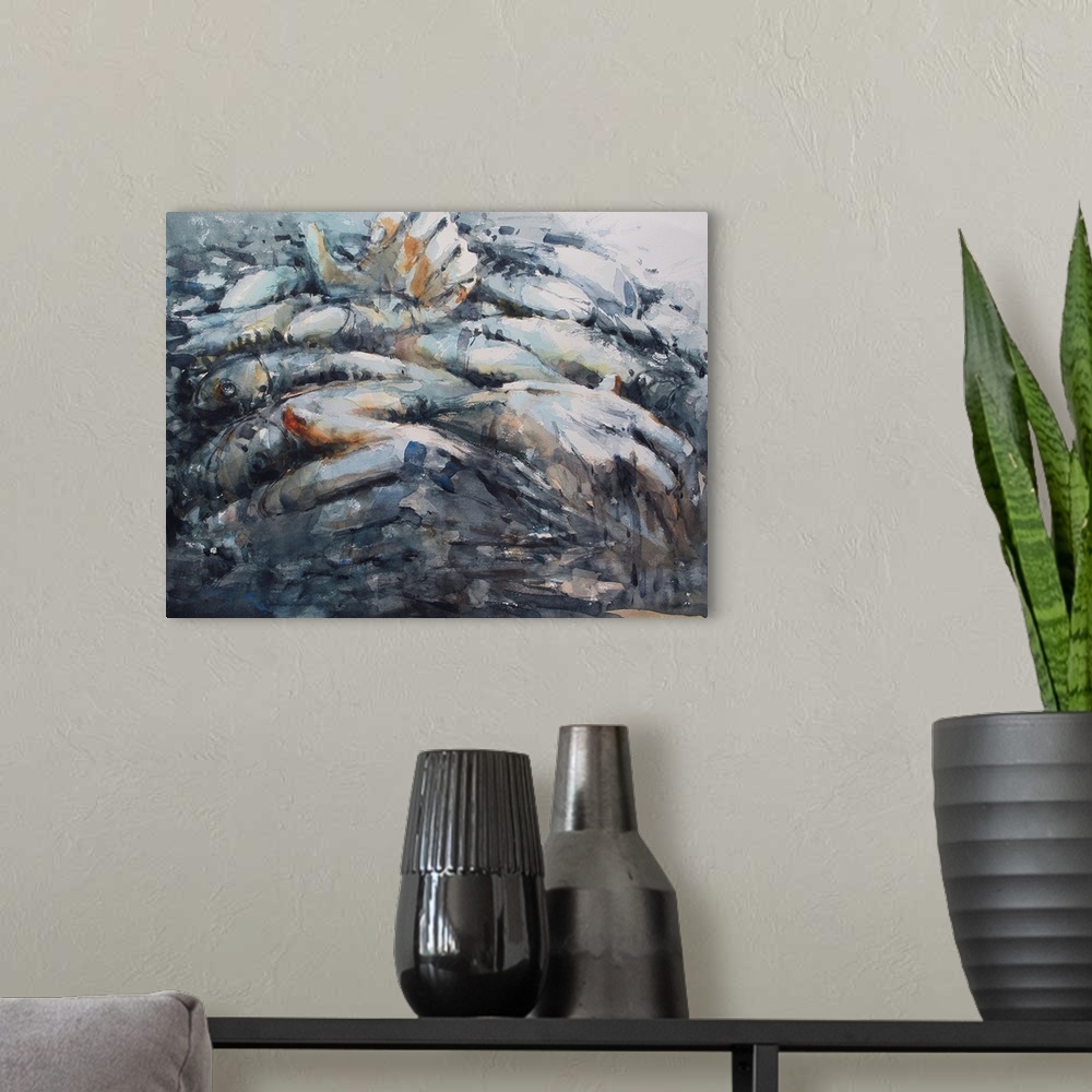 A modern room featuring This contemporary artwork illustrates the complex life and relation between fisherman and fish.