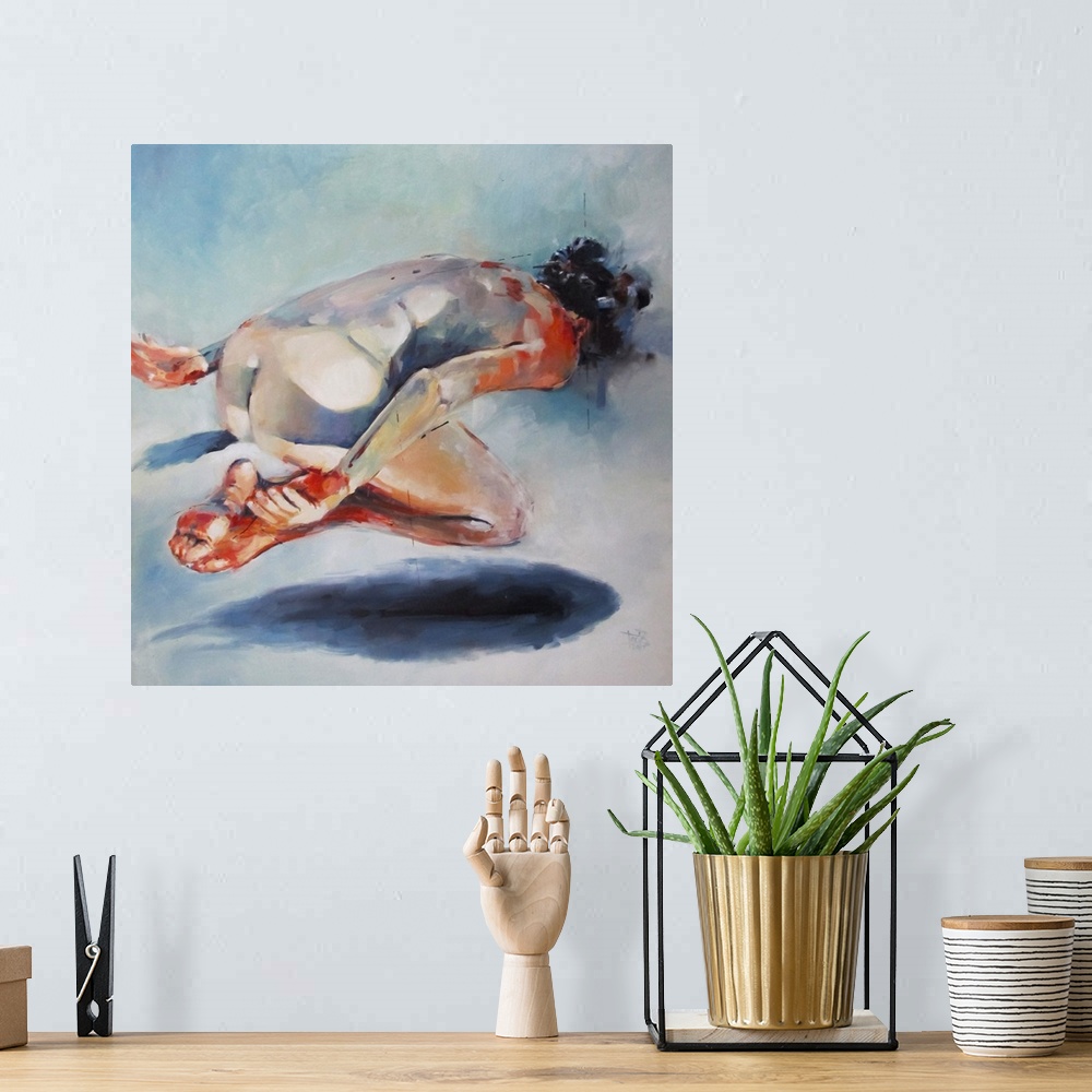 A bohemian room featuring This contemporary artwork illustrates a levitating nude above a fish shadow with moody blues and ...