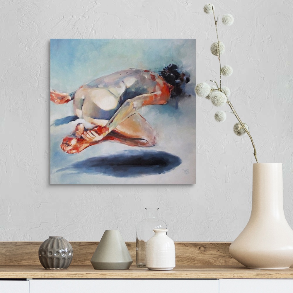 A farmhouse room featuring This contemporary artwork illustrates a levitating nude above a fish shadow with moody blues and ...