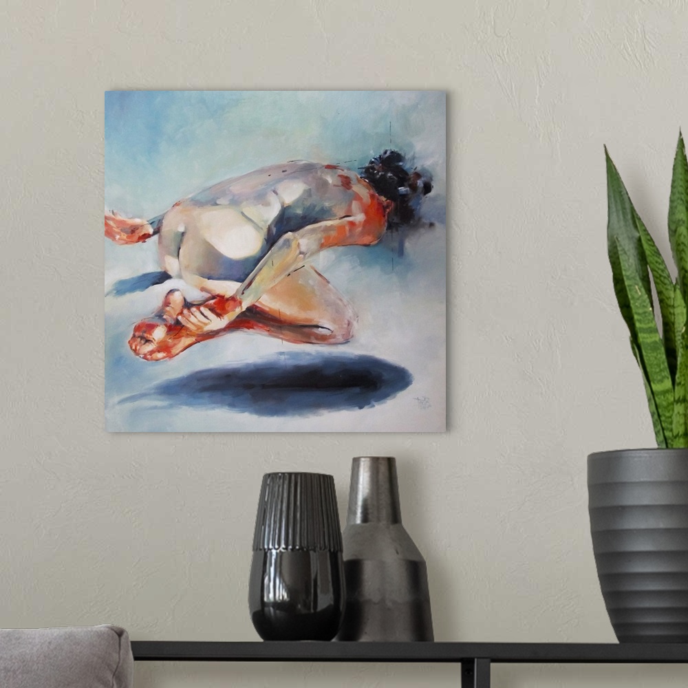 A modern room featuring This contemporary artwork illustrates a levitating nude above a fish shadow with moody blues and ...