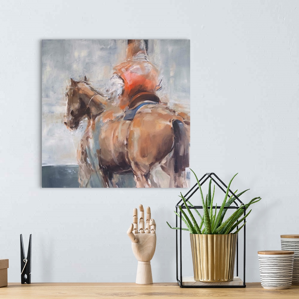 A bohemian room featuring This contemporary artwork features a rider in red robes on a horse created from impressionistic b...