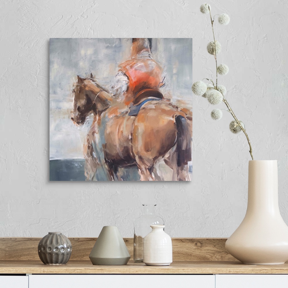 A farmhouse room featuring This contemporary artwork features a rider in red robes on a horse created from impressionistic b...