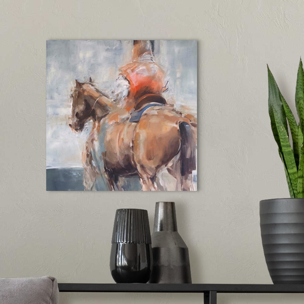 A modern room featuring This contemporary artwork features a rider in red robes on a horse created from impressionistic b...