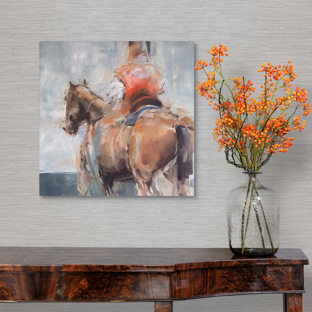 A traditional room featuring This contemporary artwork features a rider in red robes on a horse created from impressionistic b...
