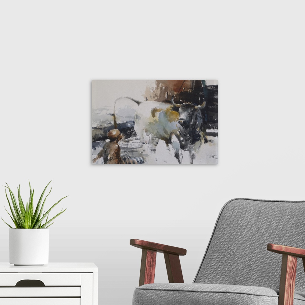 A modern room featuring This contemporary artwork features an invented moment between a man and bull inside Louvre Museum...