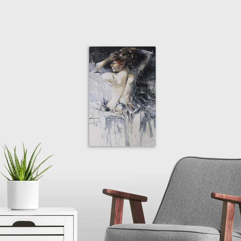 A modern room featuring This contemporary artwork features a nude woman seated shaped from moody grays offset by warm tones.