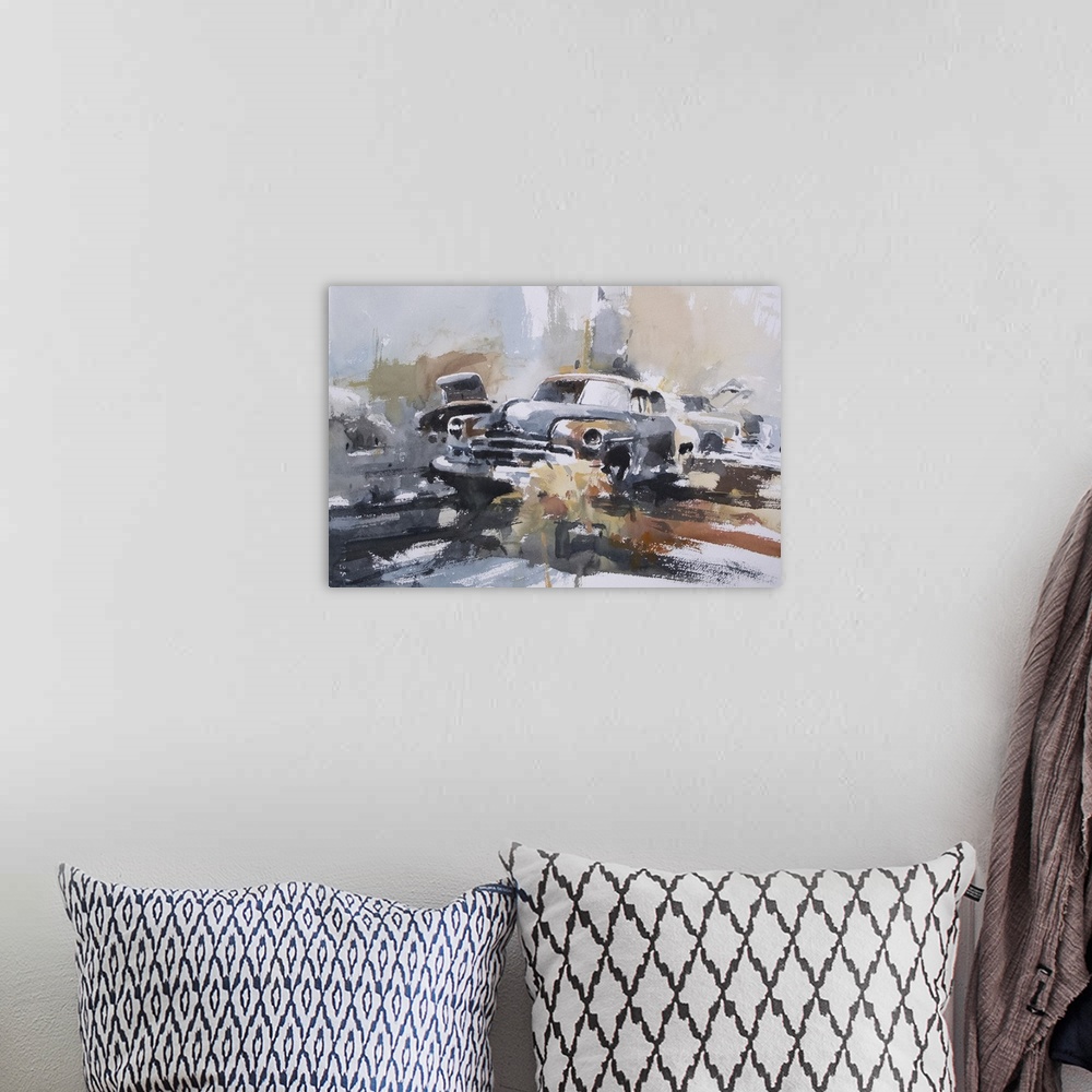 A bohemian room featuring Gestural brush strokes of muted watercolors illustrate car wrecks and rusted objects.
