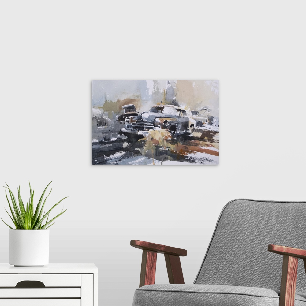 A modern room featuring Gestural brush strokes of muted watercolors illustrate car wrecks and rusted objects.